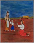 This piece of commemorative art depicts a family in an empty field, with what looks to be the mother on her knees sifting the dark earth through her hands. From: St. Demetrius School