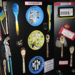 These are examples of art work done by students after learning about the Holodomor. Spoons and plates are used to represent the Genocidal Famine that the Ukrainian people suffered in 1932-33.