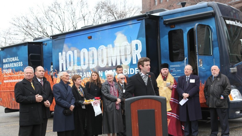 Minister Liz Sandals joins MPP Yvan Baker for Holodomor Mobile Classroom Launch