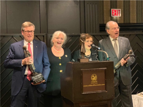 Rewa and Kuryliw surprised Mayor John Tory and James Temerty with special gifts of a small bronze replica version of Ukrainian artist Petro Drozdovsky’s Holodomor Memorial monument, “Bitter Memories of Childhood,”