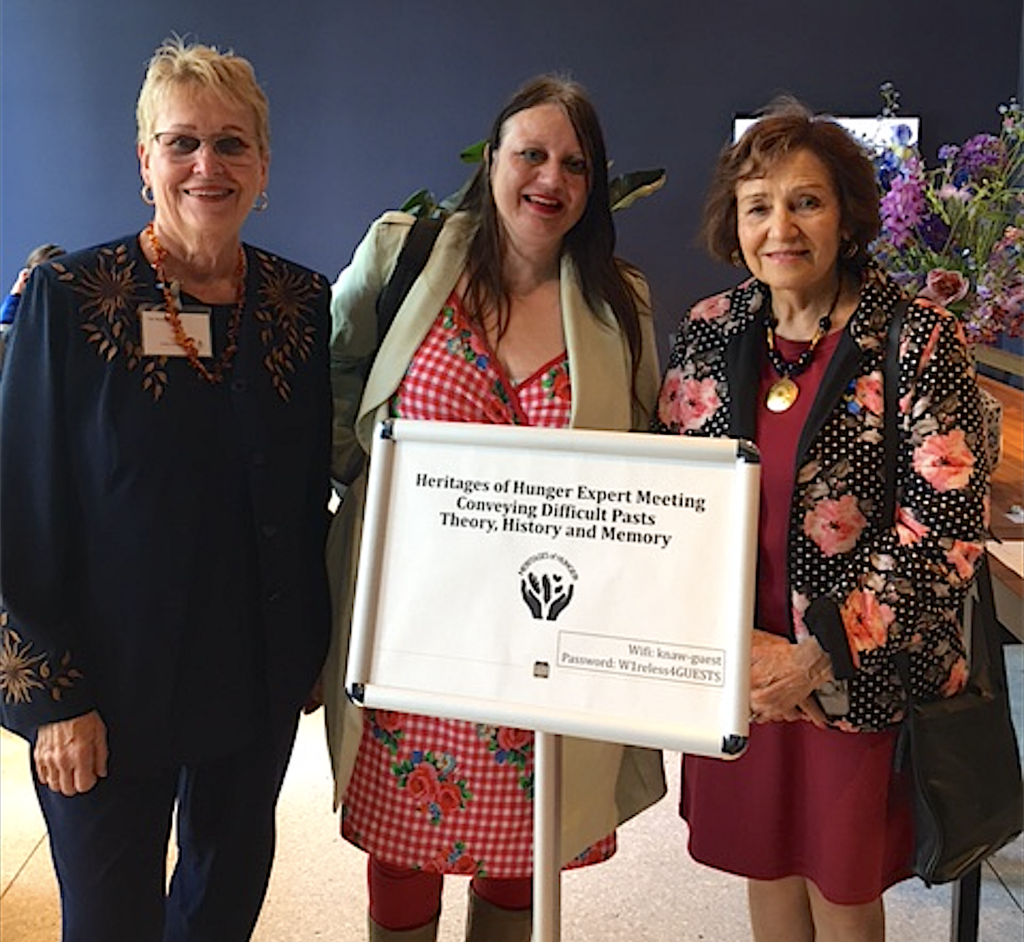 HREC Education's Advisory Committee member Val Noseworthy and HREC Director of Education Valentina Kuryliw with Heritages of Hunger Consortium's Marguérite Corporaal meeting at the "Conveying Difficult Pasts" conference in Amsterdam.
