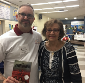 Manitoba educator Kelly Hiebert and 2020 HREC Educator Award recipient meeting with Valentina Kuryliw at the MSSTA 2023 conference. 