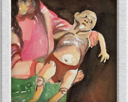 This piece of commemorative art depicts a child in a mothers arms with a swollen stomach and knobby knees, a typical body suffering from starvation. The artist never wrote their name or what school they came from, if anyone knows who the artist is please get in touch with us and we'll post the name of the artist and the school they came from.