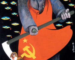 This is a political poster, drawn and coloured, depicting a soviet solider breaking pysanky. Pysanky are coloured eggs, an art form using bee's wax and dyes and are traditionally made around Easter by Ukrainians. He is breaking the pysanky with a scythe, which is usually used to cut wheat, which is how they starved millions pf Ukrainians, but taking away their food, their main food being wheat. The pysanky are broken at his feet and appear to be bleeding blood, representing the death of both Ukrainians and their culture. By: Bily Oleh