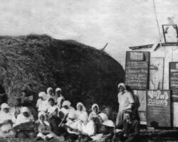 Taken in Kyiv in 1932-33, this is a staged photograph of what was literally called a “black board” or what we call being blacklisted. Because hiding food or supplies was a crime, the names of villagers who had been found with hidden grain or other food were listed on a black board. If officials found any food on an individual farm after the official grain collection had taken place, and if the quota was not met, the villager would be deemed an enemy of the state and the whole village punished.